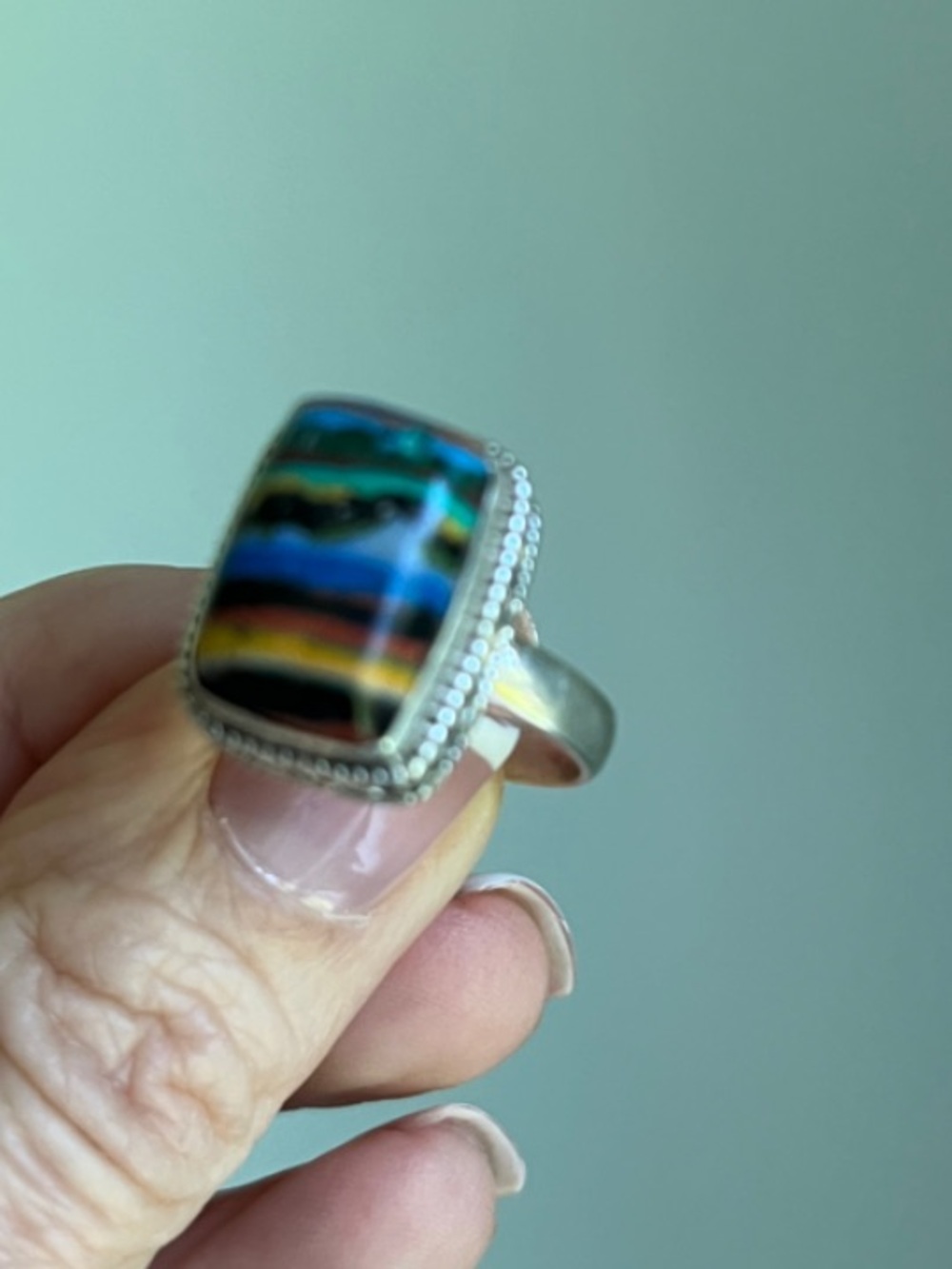 Rainbow Calsilica.Stone Sterling Silver Statement Ring
